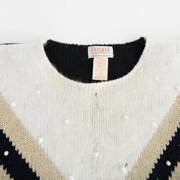 Braemar by Jeremy Scott Cream & Black w Pearls 7% Rabbit Hair Crewneck  Sweater - Picture 12 of 13